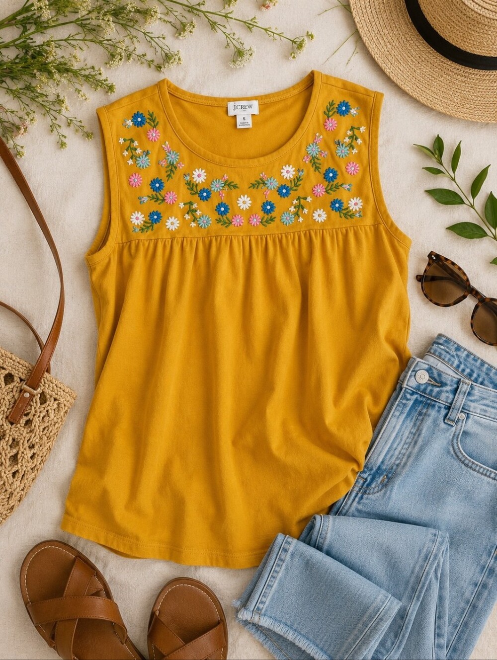 J.Crew Embroidered Floral Yoke Tank Top Mustard Yellow Cotton Boho Small